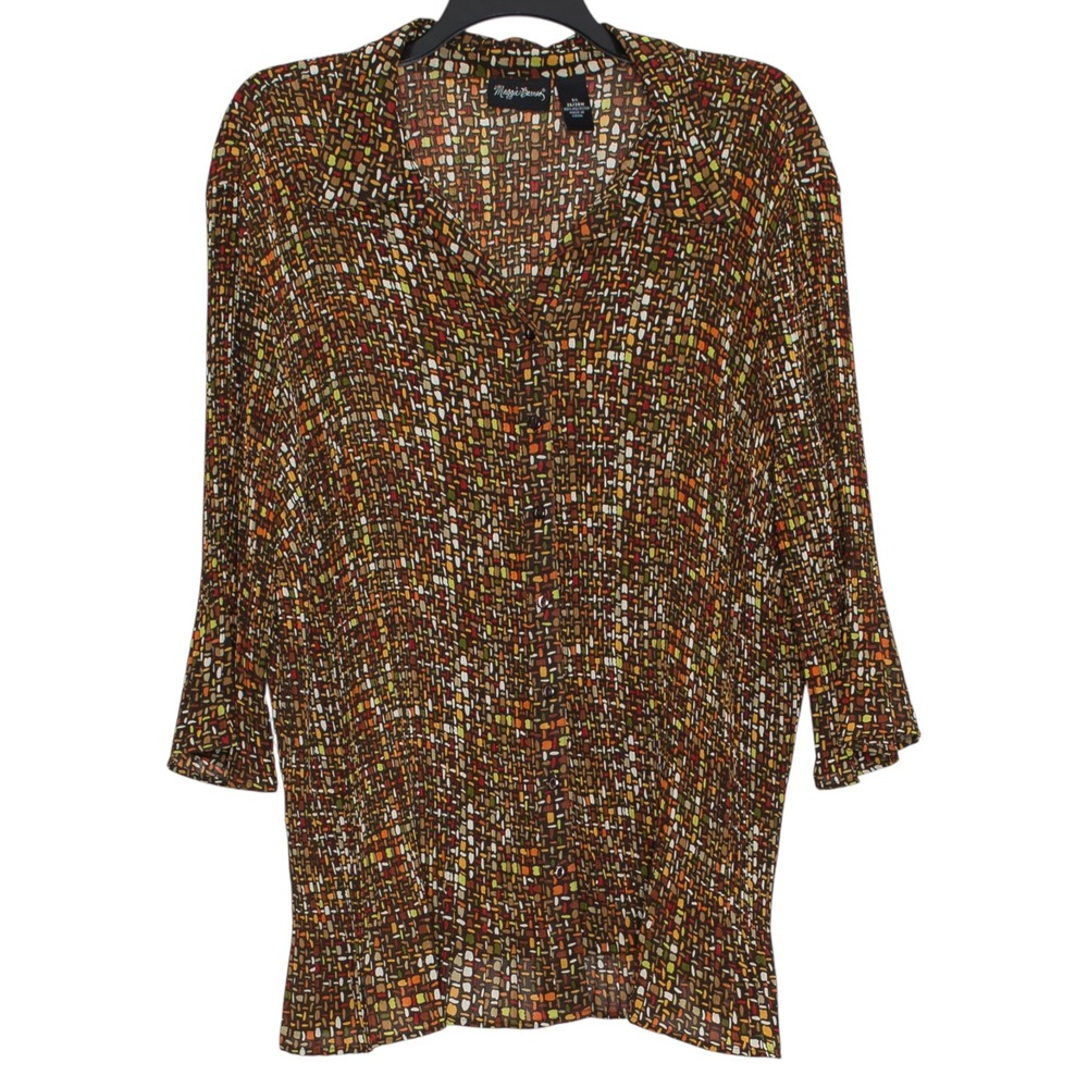 Maggie Barnes Top Abstract Pleated Sheer Button Up Bell Sleeve Plus Size 3X